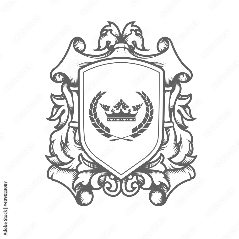 luxury imperial coat of arms template, laced heraldic shield with king  crown, ancestral medieval crest or blazon, vector Stock Vector | Adobe Stock