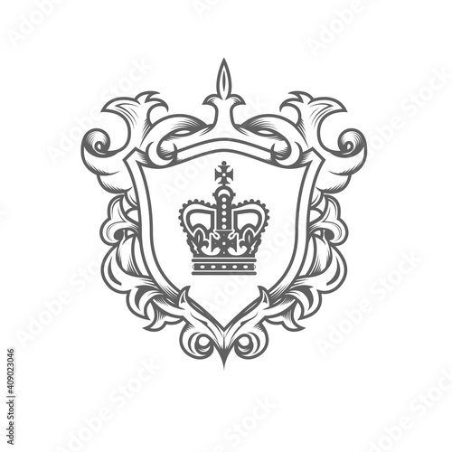 Heraldic monarch blazon, imperial coat of arms with shield and ornate pattern, royal ancestral crest, vector