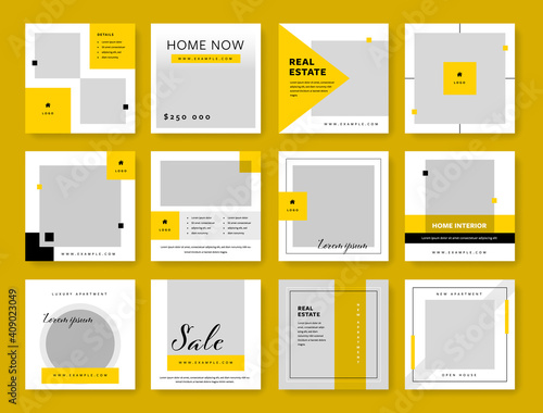 Big set of social media layouts with yellow elements, Real estate templates for instagram and facebook, corporate business graphics for digital marketing