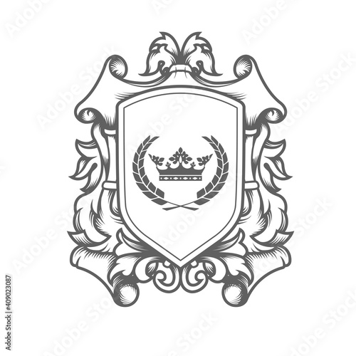luxury imperial coat of arms template, laced heraldic shield with king crown, ancestral medieval crest or blazon,  vector © Anna