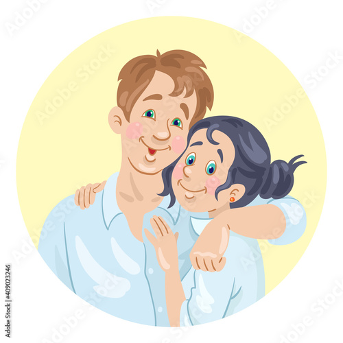 Avatar icon of a young happy couple of man and woman. In cartoon style. In the yellow circle. Isolated on white background. Vector flat illustration