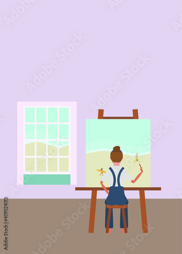 woman painter painting an oil painting with brush