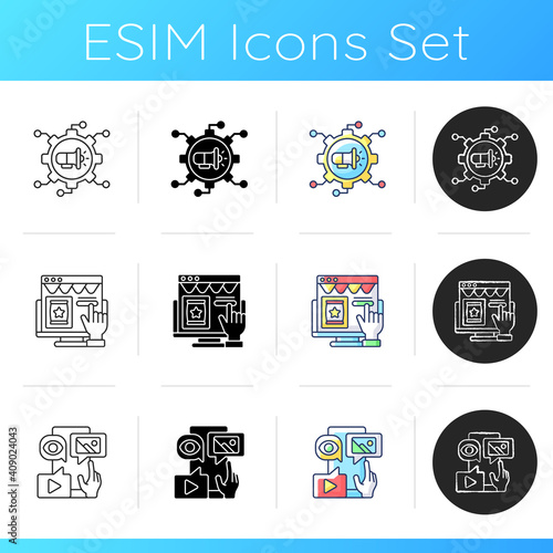 Marketing strategies icons set. CTA business model. Telling other people about product or service recently bought. Linear, black and RGB color styles. Isolated vector illustrations