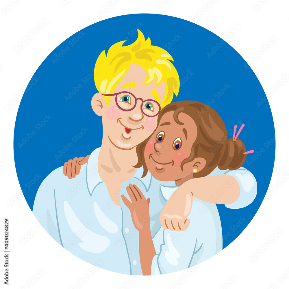 Avatar icon of a young happy international couple of man and woman. In cartoon style. In the blue circle. Isolated on white background. Vector flat illustration Avatar icon of a young happy international couple of man and woman. In cartoon style. In the blue circle. Isolated on white background. Vector flat illustration
