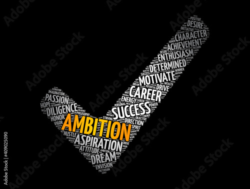 Ambition check mark word cloud collage, concept background
