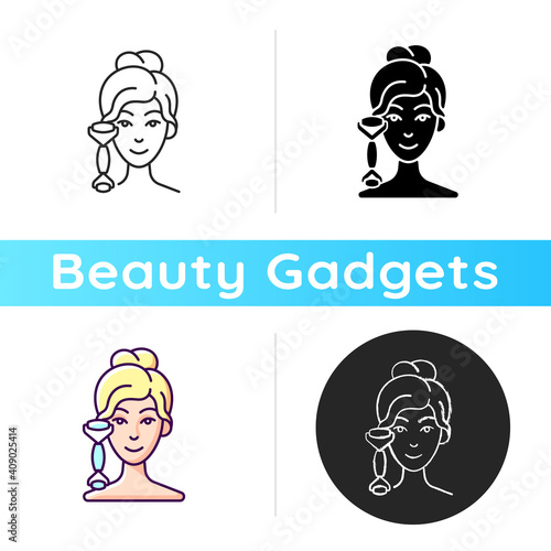 Quartz facial roller icon. Reducing inflammation. Promoting wound healing. Preventing puffiness, wrinkles under eyes. Linear black and RGB color styles. Isolated vector illustrations