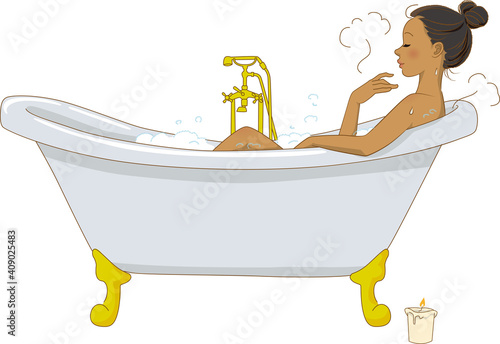 Vector illustration of a black woman taking a bath