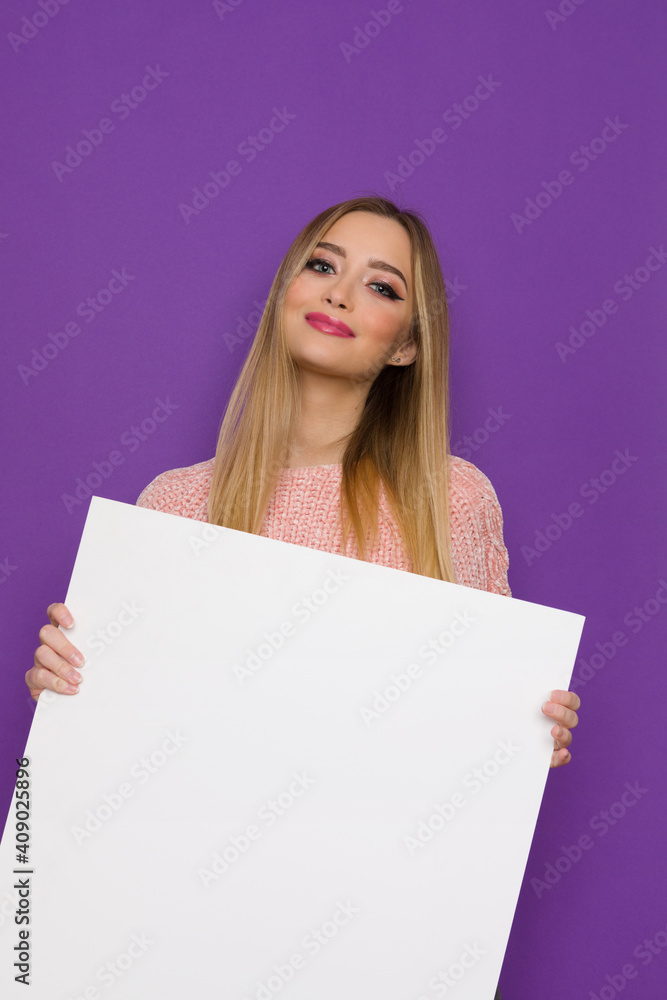 Beautiful Woman Is Holding White Big Placard Beautiful Woman Is Holding White Big Placard