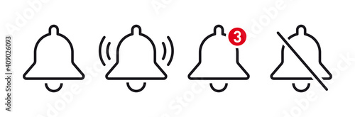 Notification bell icon. Alarm symbol. Incoming inbox message. Ringing bells. Alarm clock and smartphone application alert. Social media element. New message symbol flat style - stock vector