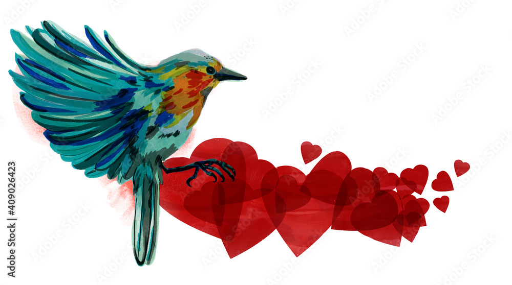 Fototapeta premium Ilustración de pájaro (petirrojo) con patrón de corazones (textura de acuarela transparente). Ilustración para el día de San Valentín, cumpleaños o boda con espacio para texto