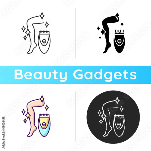 Epilator icon. Removing unwanted hair from skin. Depilatory. Shaving hairs on legs and body. Electronic epilation device. Linear black and RGB color styles. Isolated vector illustrations