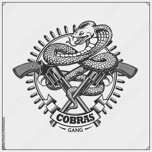 Emblem whith gun and cobra. Print design for t-shirts.