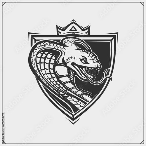 The emblem with king cobra for a sport team. Print design for t-shirt.