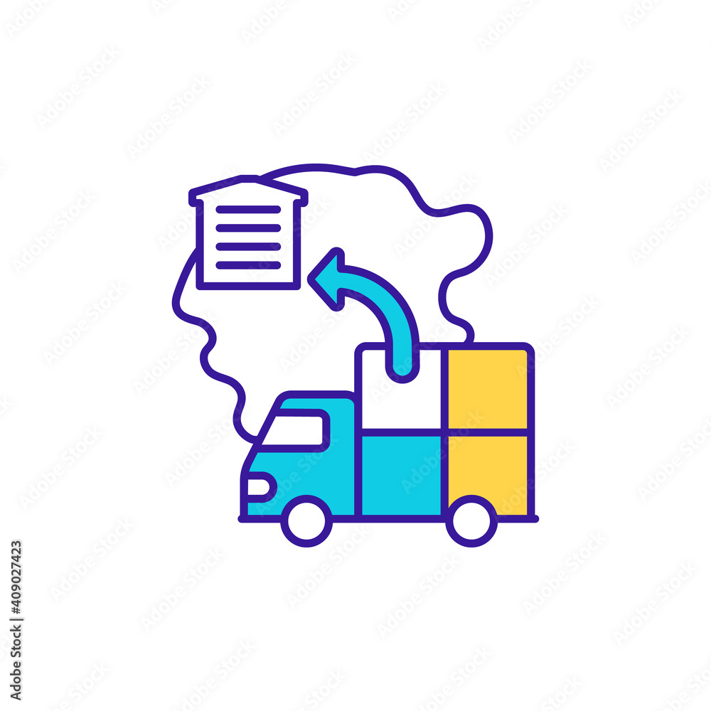 Fototapeta premium Cargo delivery with truck RGB color icon. Freight delivery. International order shipment. Warehouse management. Business administration, retail service. Isolated vector illustration