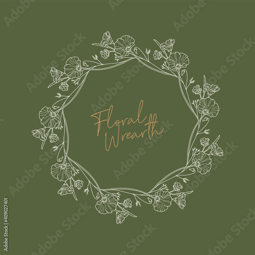 Hand drawn vector round frame. Floral wreath with leaves, berries, branches Decorative elements for design. Ink, vintage and rustic styles.