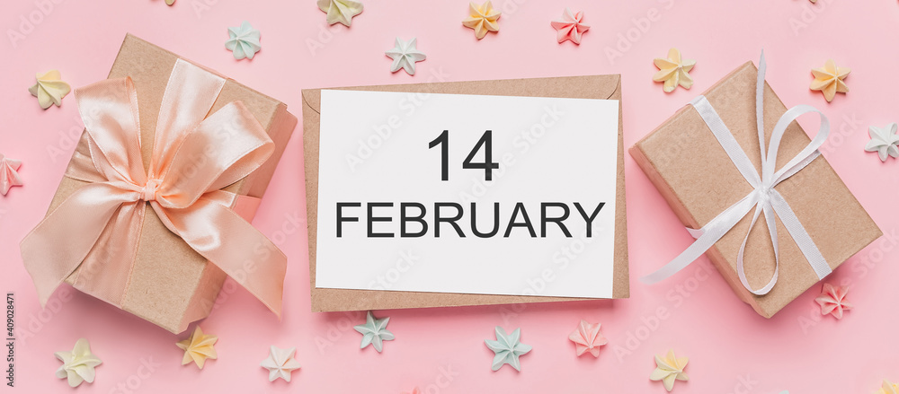 Gifts with note letter on isolated pink background with sweets, love and valentine concept with text14 february