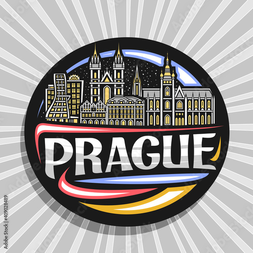 Vector logo for Prague, black decorative badge with outline illustration of historic prague city scape on dusk sky background, art design tourist fridge magnet with unique lettering for word prague.