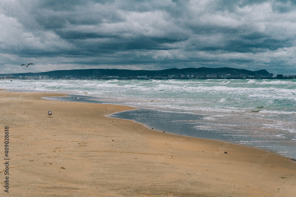 Obraz premium Stormy Black sea in day time, big waves and gusty wind