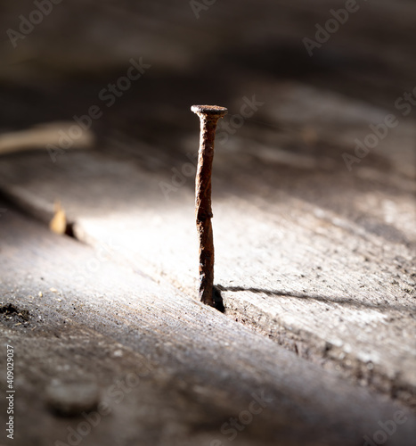 Old rusty nail on a wooden board.