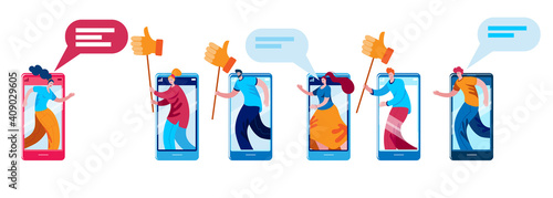 Subscribers on social networks comment and like posts. The concept of a vector illustration on the topic of communication in social networks.