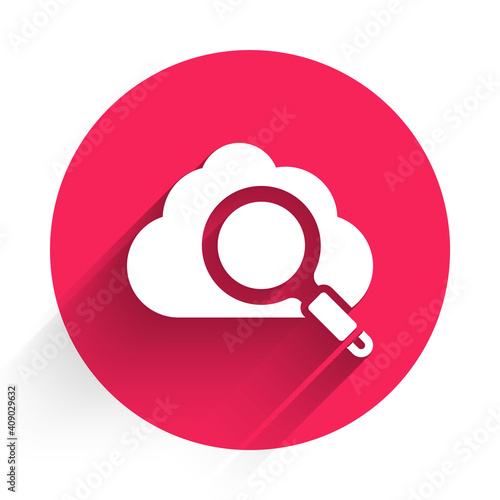 White Search cloud computing icon isolated with long shadow background. Magnifying glass and cloud. Red circle button. Vector.