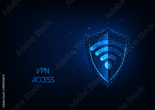 Futuristic VPN cvirtual private network oncept with glowing low polygonal shield and wifi symbol