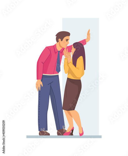 Situations of sexual harassment - employee in office man harasses woman blocks path holding her at edge of wall. Violence and coercion at work, abusive behavior, sexism discrimantion