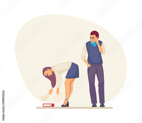 Situations of sexual harassment, abuse incident in office. Colleague man lasciviously examines woman who bent over for documents. Violence coercion at work, sexism discrimantion