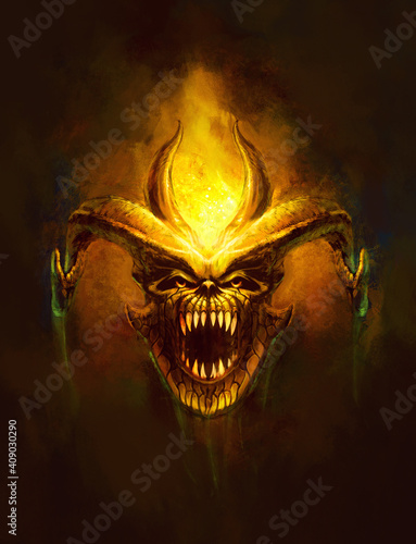 head of a horned monster, bared teeth, flames - a painting