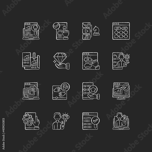 User experience chalk white icons set on black background. Content strategy. Target research. Information architecture. Prototyping website. SEO optimization. Isolated vector chalkboard illustrations