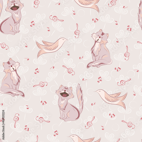 Cartoon cats and birds with notes. Vector Music seamless pattern. 