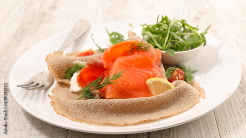 buckwheat crepe with salmon and cheese