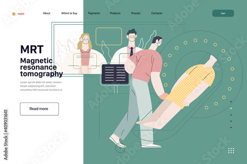 Medical tests illustration - magnetic resonance tomography - modern flat vector concept digital illustration of mri procedure - a patient in the scanner and doctor, medical office or laboratory