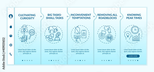 Overpassing delaying tasks habit onboarding vector template. Removing roadblocks. Inconvenient temptations. Responsive mobile website with icons. Webpage walkthrough step screens. RGB color concept
