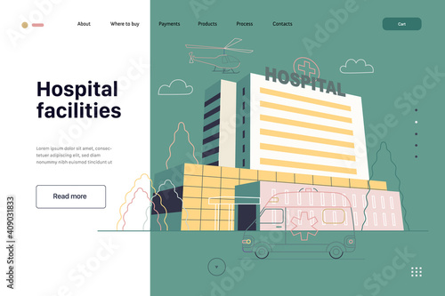 Medical insurance - hospital facilities and services - modern flat vector concept digital illustration - a hospital building with an ambulance car and a helicopter above, medical office or laboratory