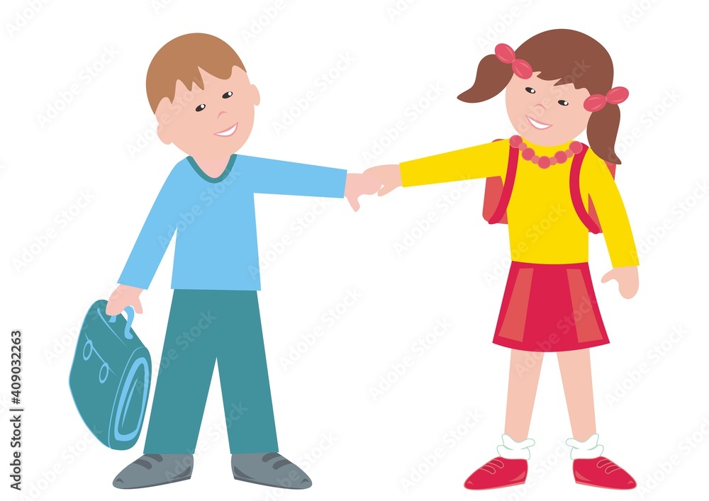 Two school children, girl and boy, funny vector illustration
