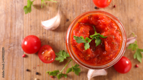 tomato sauce and fresh ingredient- top view