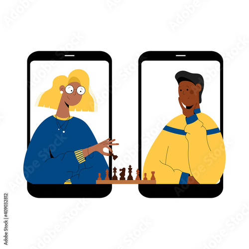 Two people plays chess online. Man and woman competing in chess from their smartphones. Distant leisure activity concept vector illustration. Chess tournament at online chess club