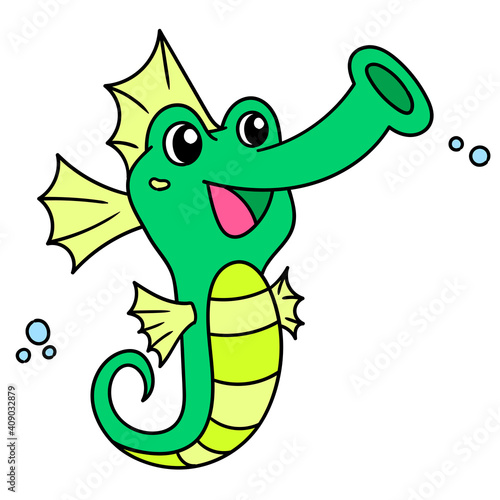 cute green seahorse with cute face, doodle icon image kawaii