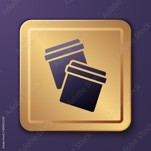 Purple Plastic bag with ziplock icon isolated on purple background. Gold square button. Vector.