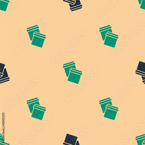 Green and black Plastic bag with ziplock icon isolated seamless pattern on beige background. Vector.