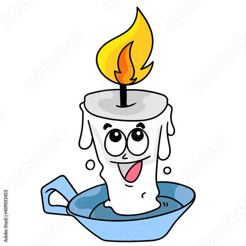 a bright cartoon candle with a happy smile, doodle icon image kawaii