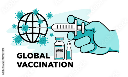 Doctor hand in glove with syringe inoculates the planet Earth. Anti coronavirus global vaccination concept. Vector on transparent background