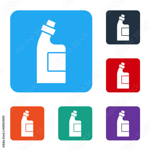 White Plastic bottle for laundry detergent, bleach, dishwashing liquid or another cleaning agent icon isolated on white background. Set icons in color square buttons. Vector.