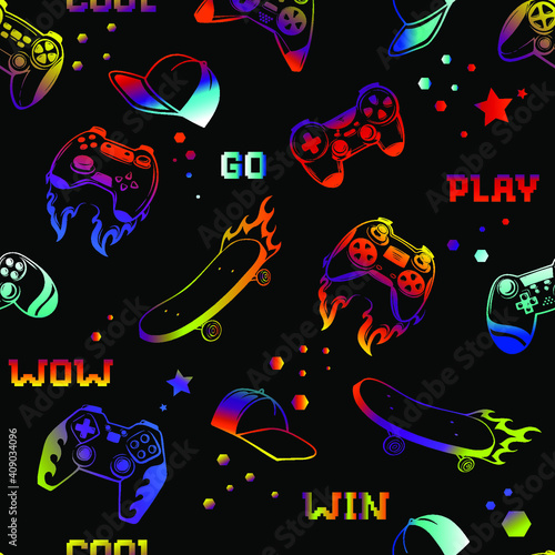 Neon colorful gamepad patter. Play game joystics, cap and skateboard repeat set. Repeated teenagers print for boy clothes, sport textile, wrapping paper.