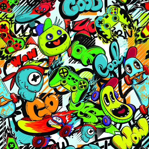Abstract seamless cartoon pattern for kids, teenagers, fashion textile, clothes, wrapping paper. Repeated print with monsters doodle characters, graffiti text, gamepad, skateboard.