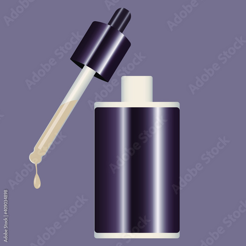 luxury Serum bottle and pipette with falling drop. Liquid argan oil  or hyaluronic acid for face, body and hair growth, skin care product vector illustration logo for health and beauty