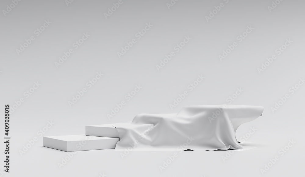 White product display stand or podium pedestal on advertising background with blank backdrops. 3D rendering. White product display stand or podium pedestal on advertising background with blank backdrops. 3D rendering.