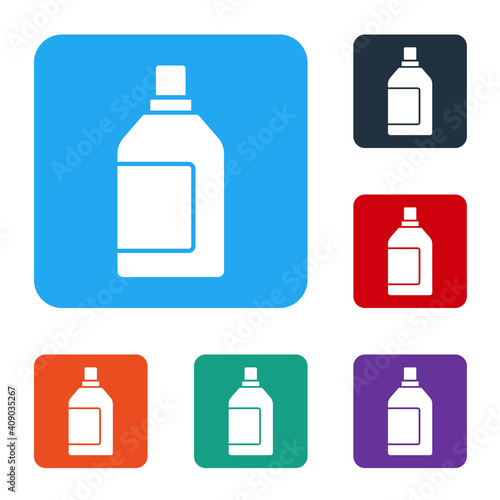 White Plastic bottle for laundry detergent, bleach, dishwashing liquid or another cleaning agent icon isolated on white background. Set icons in color square buttons. Vector.