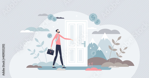 Opportunity doors as open new business challenge or hope tiny person concept